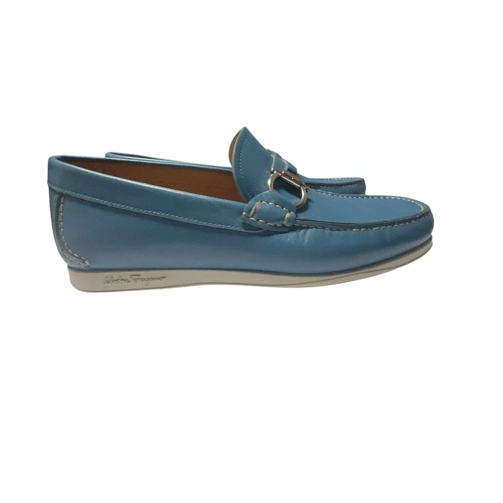 Salvatore Ferragamo Blue Leather Gancini Driver Loafers Men's‎ Italy Luxury